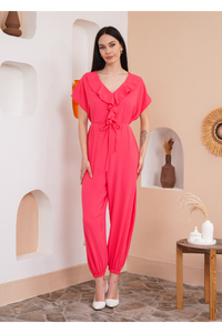Oversized Short Sleeves Frilled Front Jumpsuit in Coral