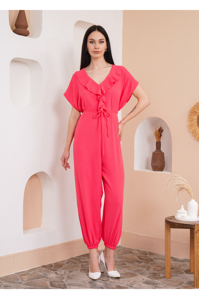 Oversized Short Sleeves Frilled Front Jumpsuit in Coral