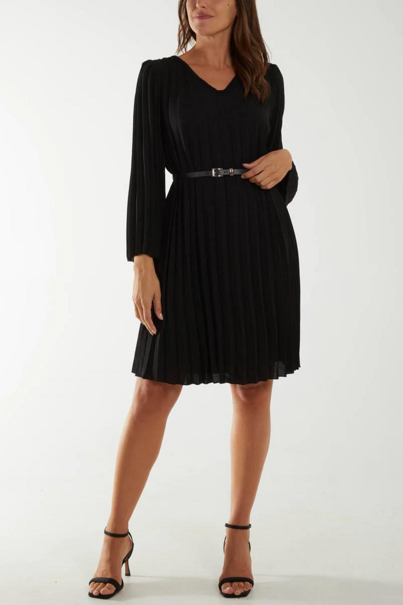 Long Sleeve V Neck Pleated Knee Lenght Dress with Matching Belt in Black