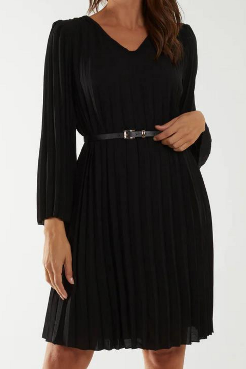 Long Sleeve V Neck Pleated Knee Lenght Dress with Matching Belt in Black