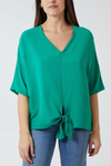 Oversized V Neck Tie Detailed Top with 3/4 Sleeves in Green