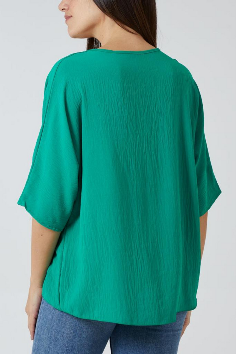 Oversized V Neck Tie Detailed Top with 3/4 Sleeves in Green
