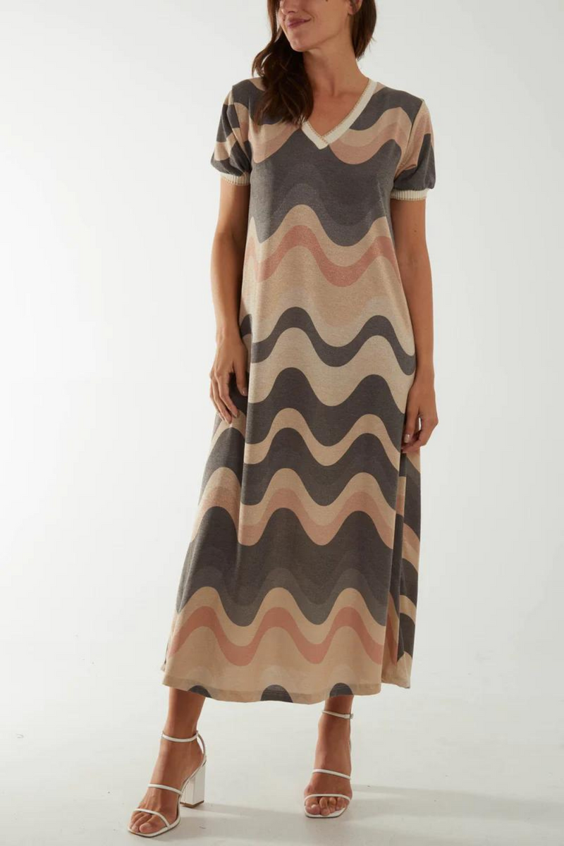 Multicolour V Neck Knitted Maxi Dress with Short Sleeve in Beige and Grey