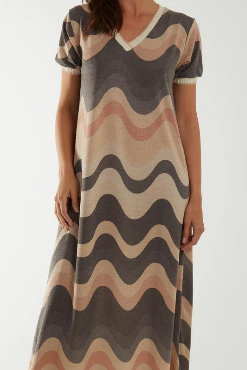 Multicolour V Neck Knitted Maxi Dress with Short Sleeve in Beige and Grey