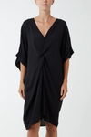 Oversized 3/4 Sleeve V Neck Midi Dress with Twist Front Detail in Black