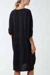 Oversized 3/4 Sleeve V Neck Midi Dress with Twist Front Detail in Black