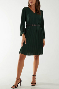 Long Sleeve V Neck Pleated Knee Lenght Dress with Matching Belt in Teal Green