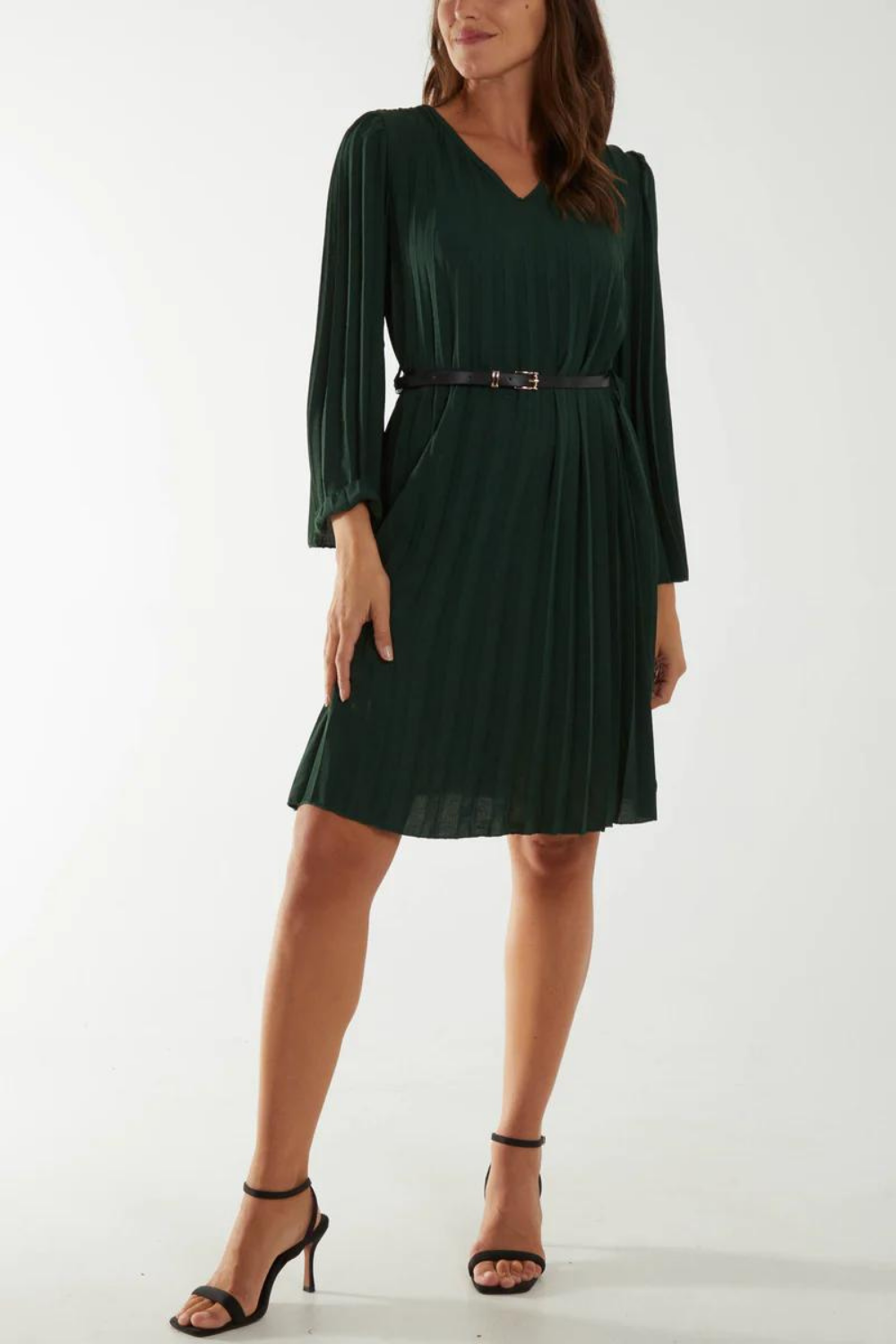 Long Sleeve V Neck Pleated Knee Lenght Dress with Matching Belt in Teal Green