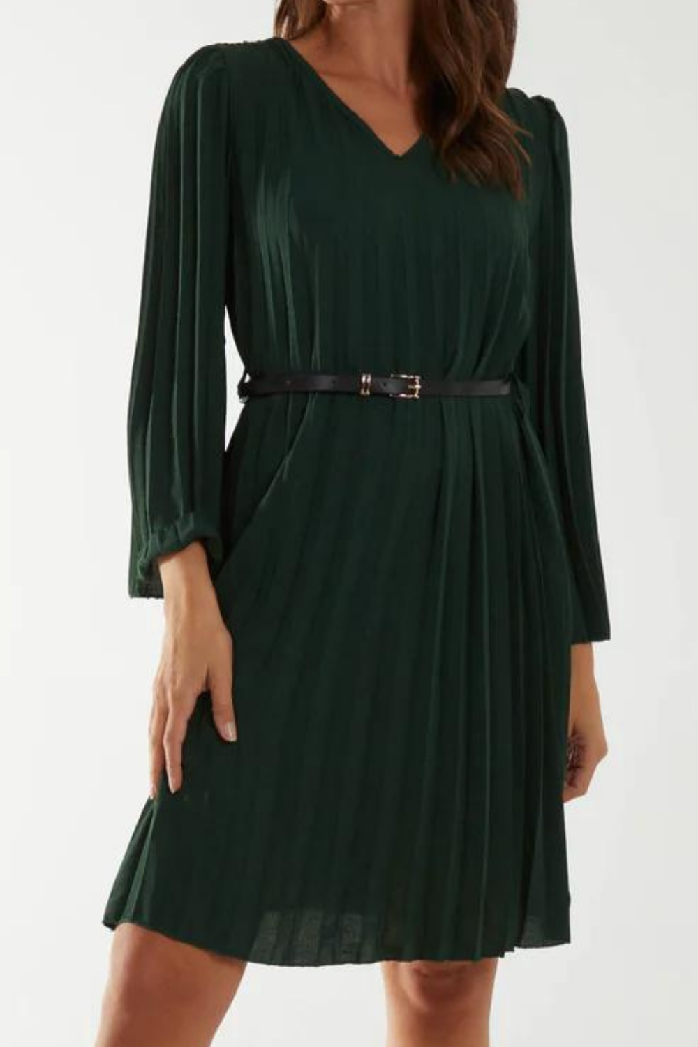 Long Sleeve V Neck Pleated Knee Lenght Dress with Matching Belt in Teal Green