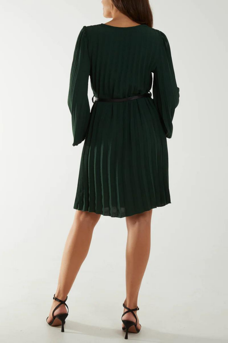 Long Sleeve V Neck Pleated Knee Lenght Dress with Matching Belt in Teal Green
