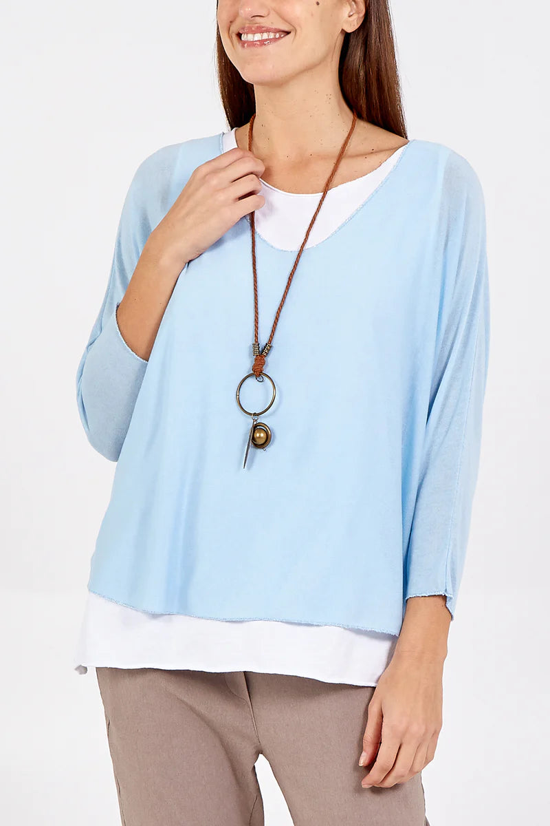 Oversized Long Sleeves Layered Blouse With Necklace In Light Blue And White