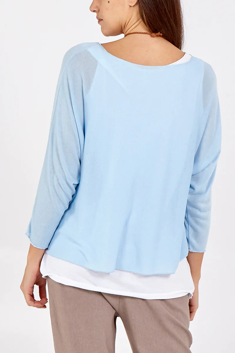 Oversized Long Sleeves Layered Blouse With Necklace In Light Blue And White