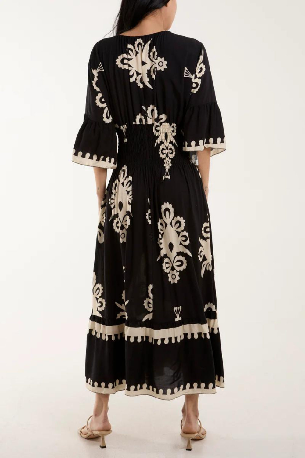 Relaxed Fit 3/4 Sleeves V Neck Printed Maxi Dress in Black