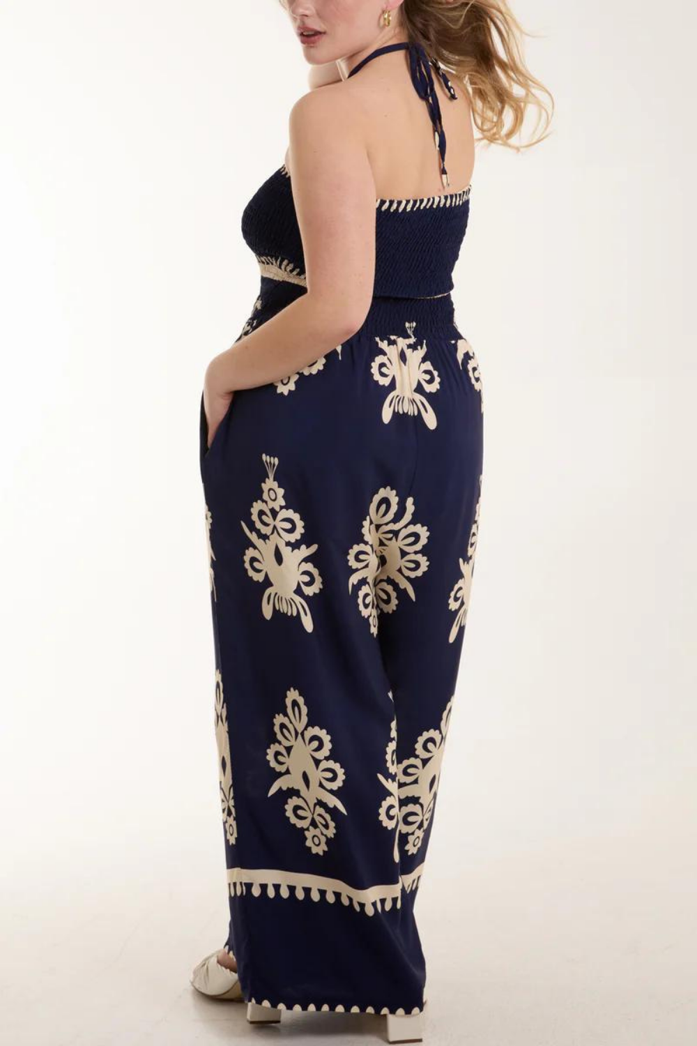 Oversized Tie Neck Printed Jumpsuit in Navy and White