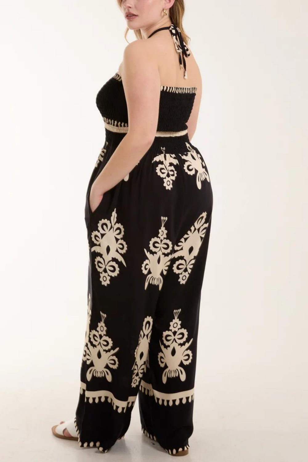 Oversized Tie Neck Printed Jumpsuit in Black and White