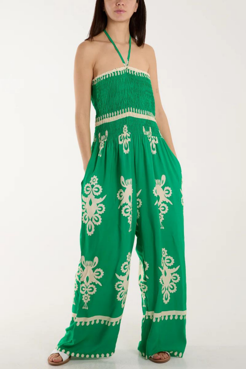 Oversized Tie Neck Printed Jumpsuit in Green and White