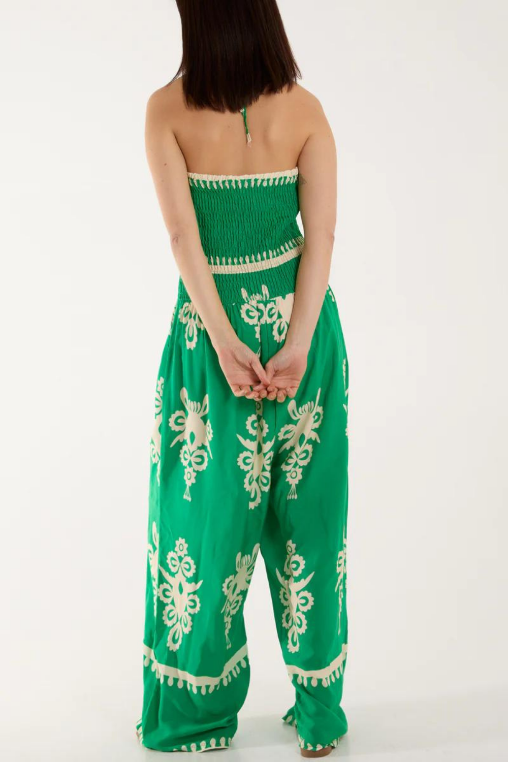 Oversized Tie Neck Printed Jumpsuit in Green and White