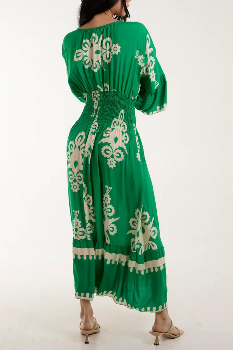 Relaxed Fit 3/4 Sleeves V Neck Printed Maxi Dress in Green