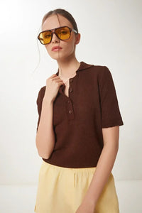 Polo Neck Seasonal Knit Blouse in Burgundy