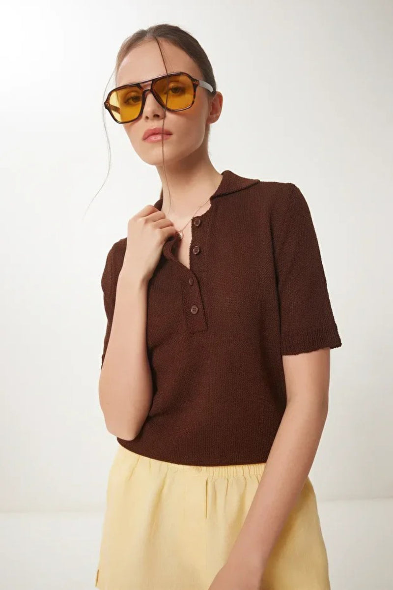Polo Neck Seasonal Knit Blouse in Burgundy