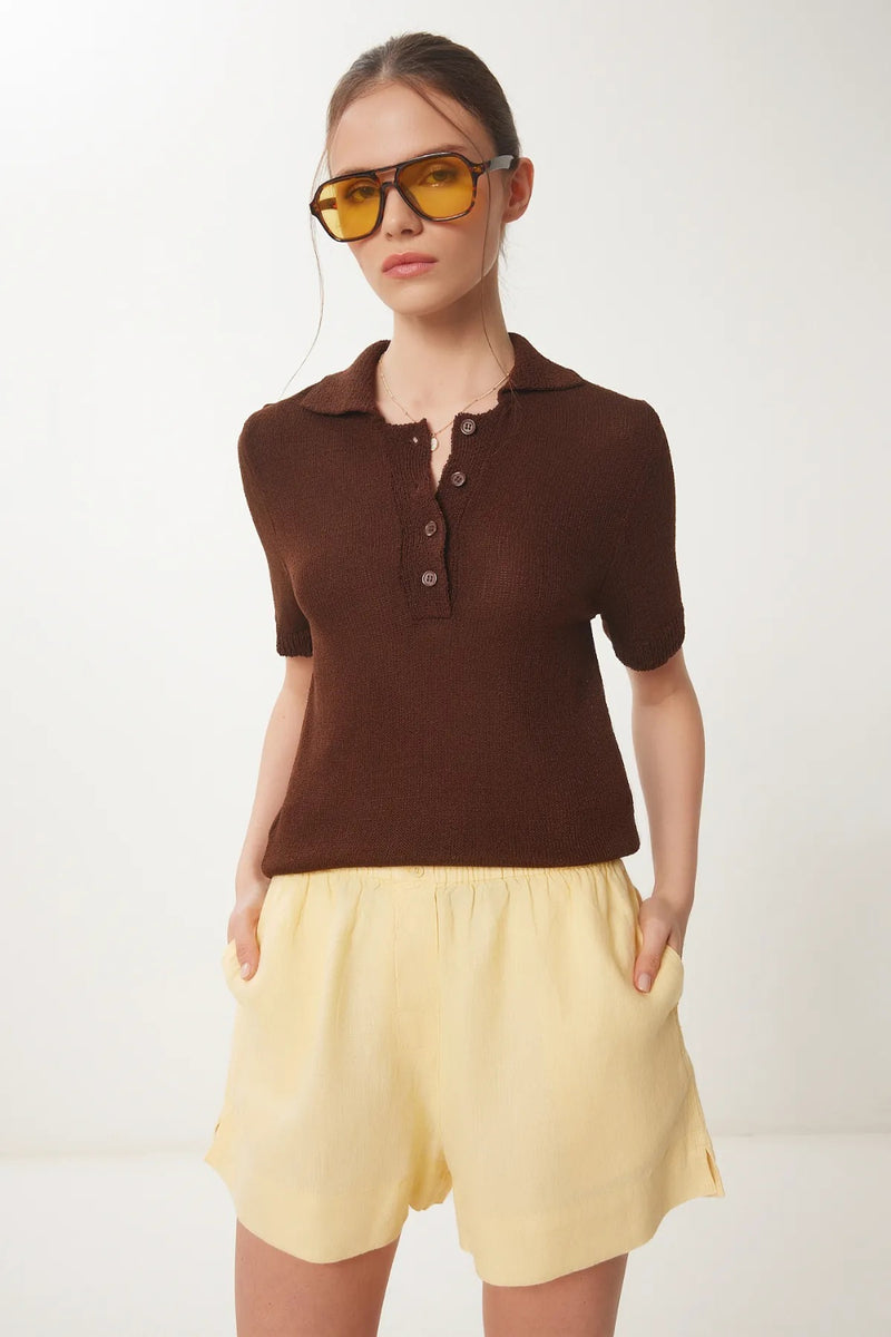 Polo Neck Seasonal Knit Blouse in Burgundy