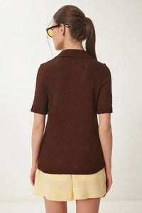 Polo Neck Seasonal Knit Blouse in Burgundy