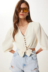 Polo Neck Seasonal Knit Blouse in White