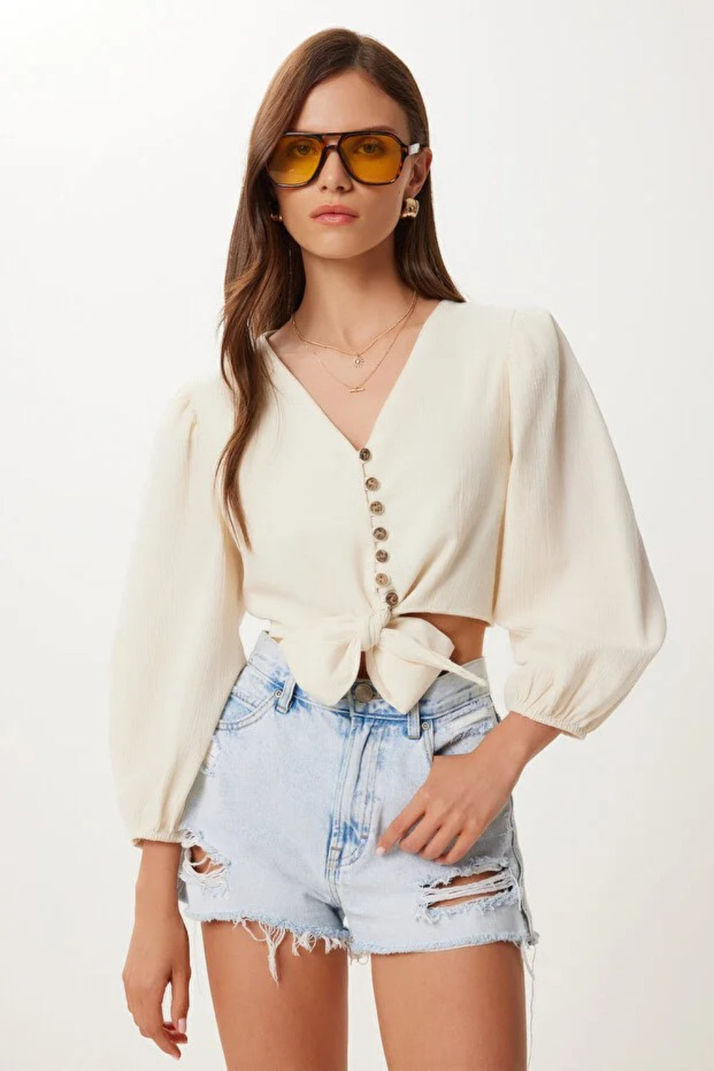 Polo Neck Seasonal Knit Blouse in White