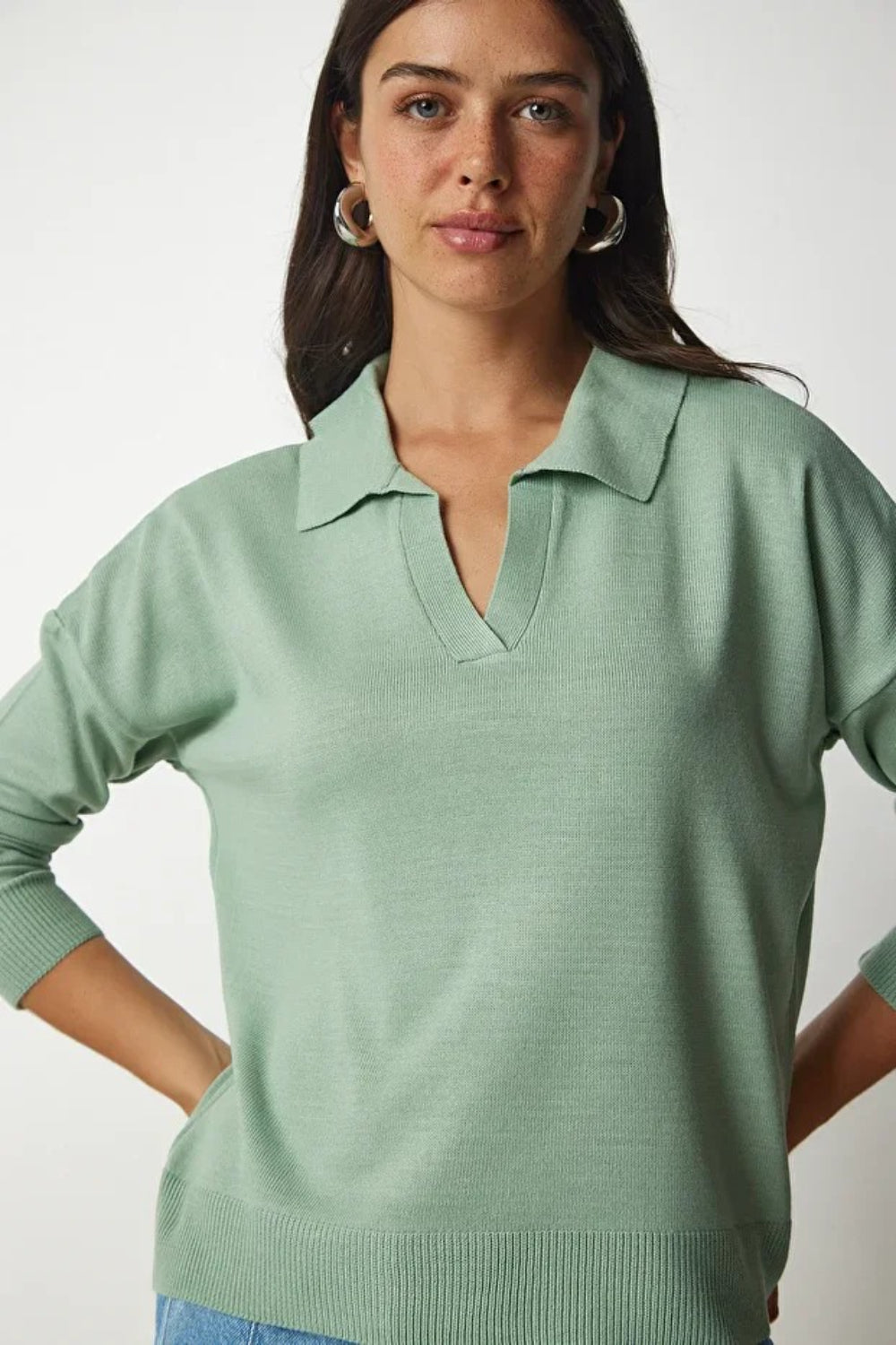 Polo Neck Seasonal Knit Basic Blouse