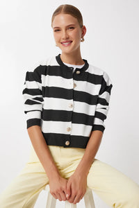 Buttoned Striped Knit Cardigan in Black and White