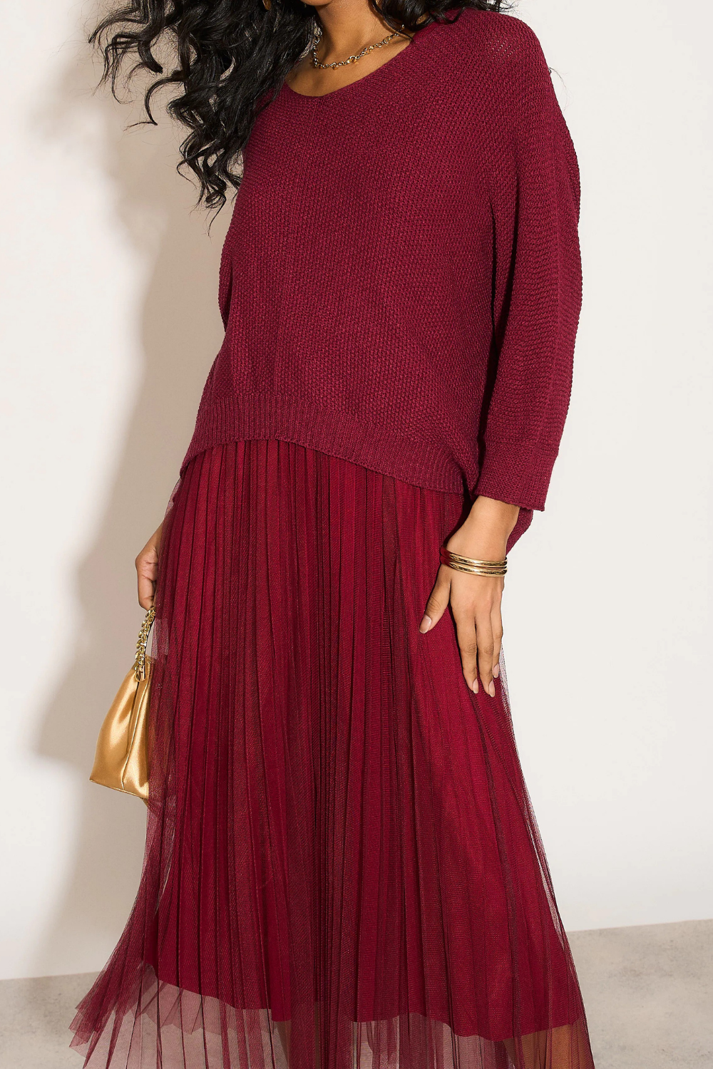 Layered Knit and Pleated Dress Set in Burgundy