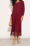 Layered Knit and Pleated Dress Set in Burgundy