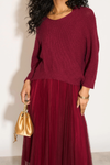 Layered Knit and Pleated Dress Set in Burgundy