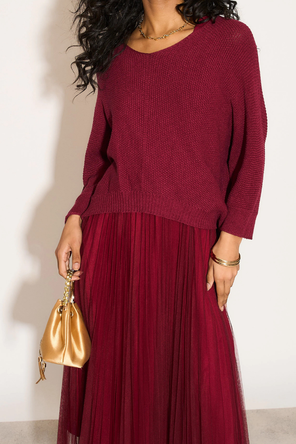 Layered Knit and Pleated Dress Set in Burgundy