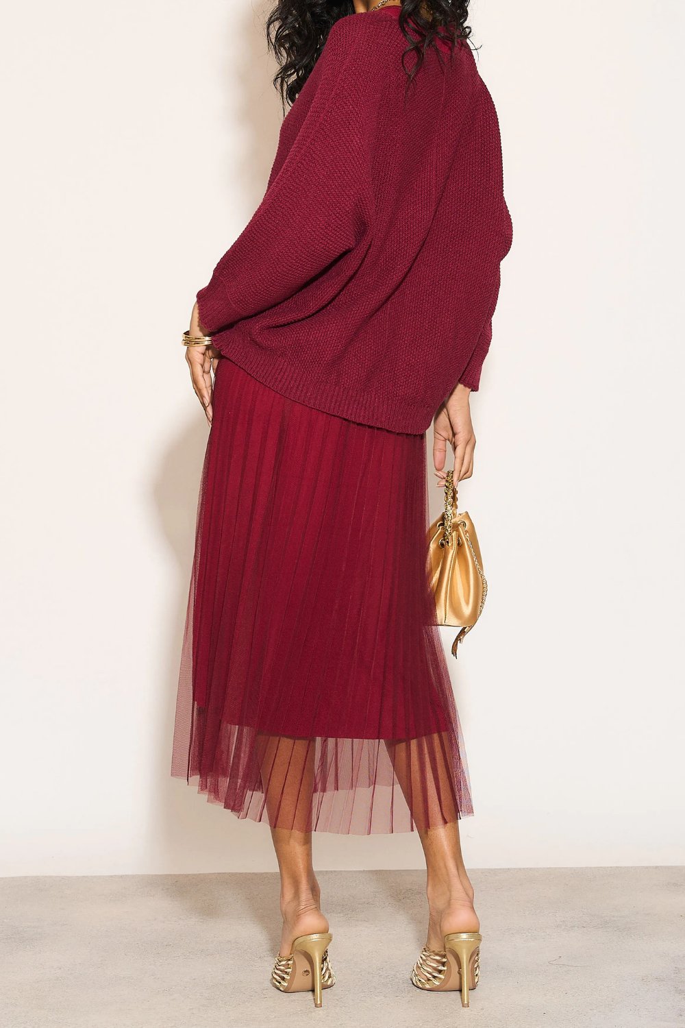 Layered Knit and Pleated Dress Set in Burgundy