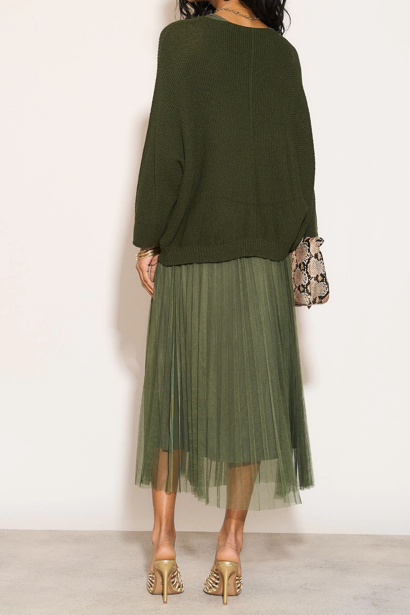 Layered Knit and Pleated Dress Set in Khaki