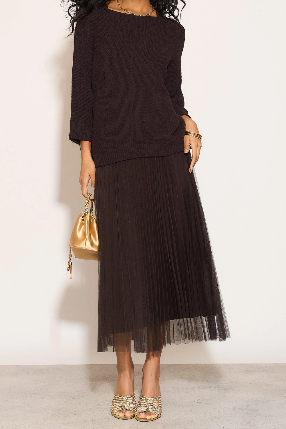 Layered Knit and Pleated Dress Set in Mocha