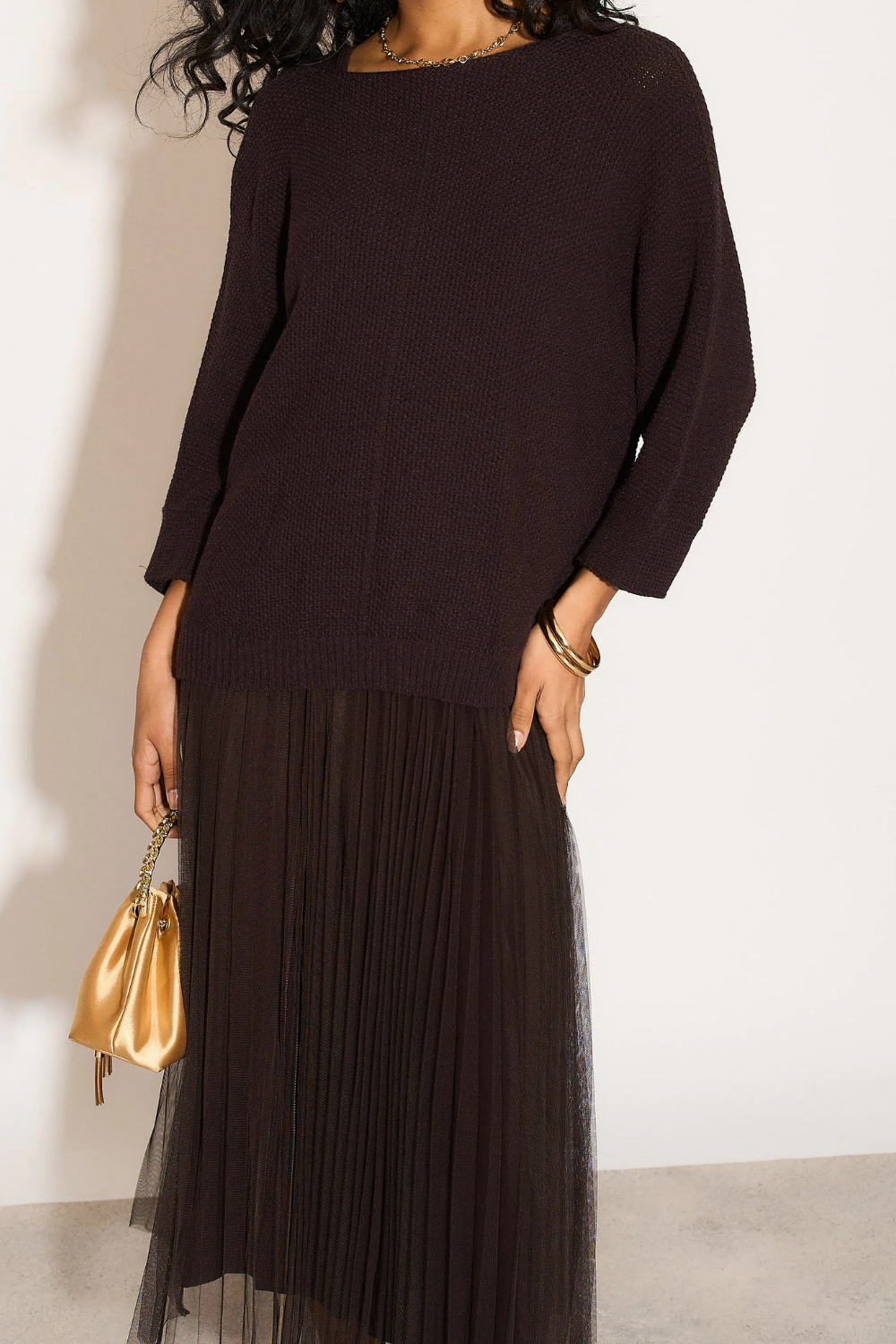 Layered Knit and Pleated Dress Set in Mocha