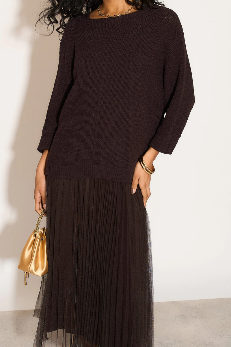 Layered Knit and Pleated Dress Set in Mocha