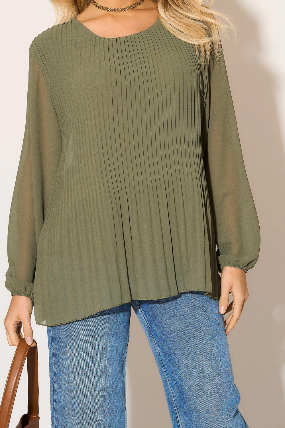 Long Sleeves Oversized Pleated Top in Khaki