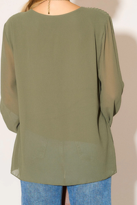 Long Sleeves Oversized Pleated Top in Khaki