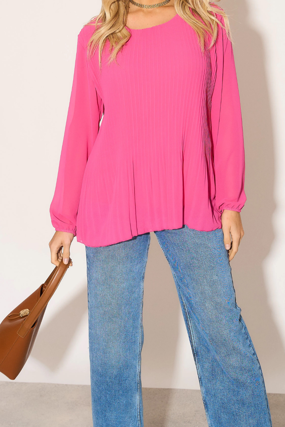 Long Sleeves Oversized Pleated Top in Pink