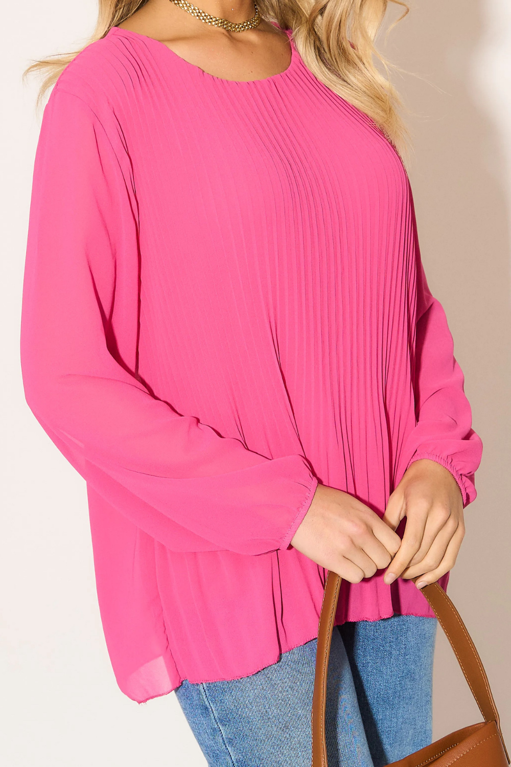 Long Sleeves Oversized Pleated Top in Pink