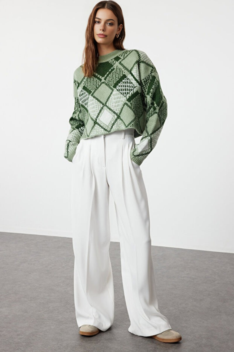 Oversized Cropped Argyle Knit Sweater