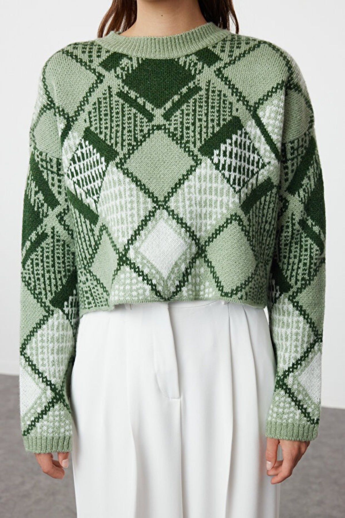Oversized Cropped Argyle Knit Sweater