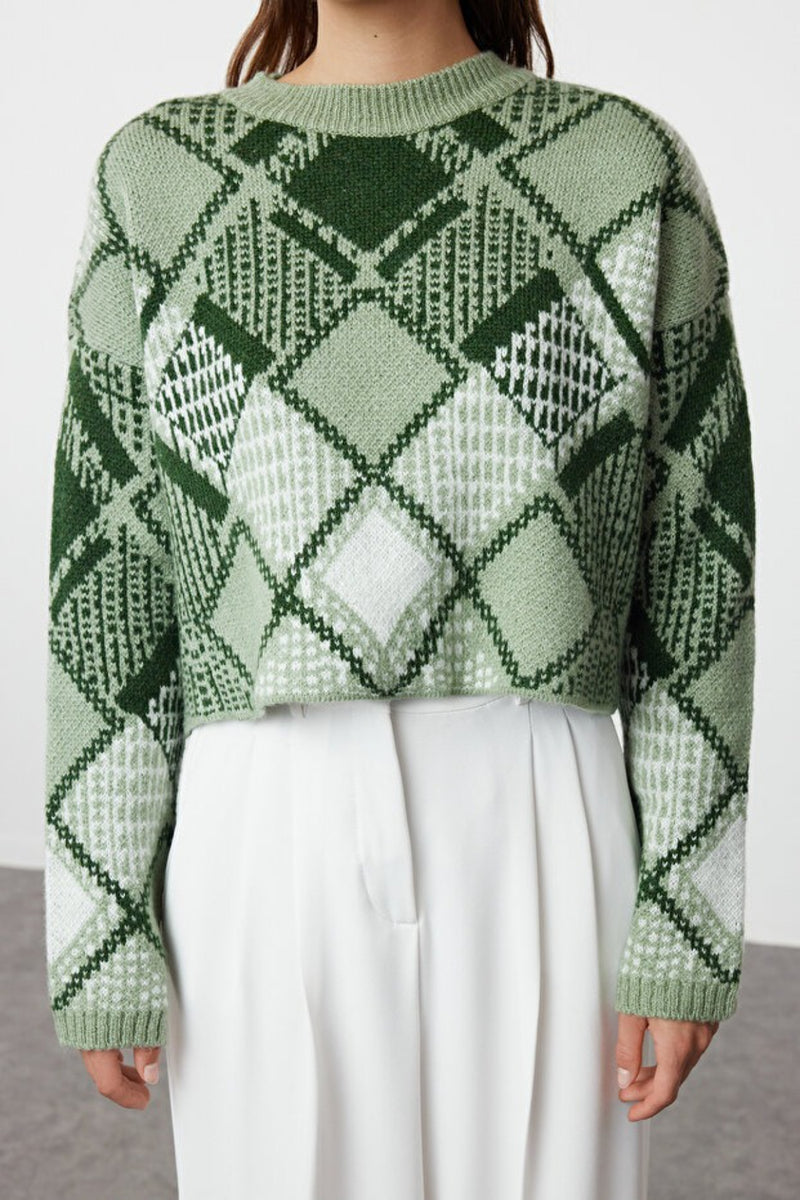 Oversized Cropped Argyle Knit Sweater