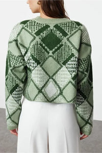 Oversized Cropped Argyle Knit Sweater