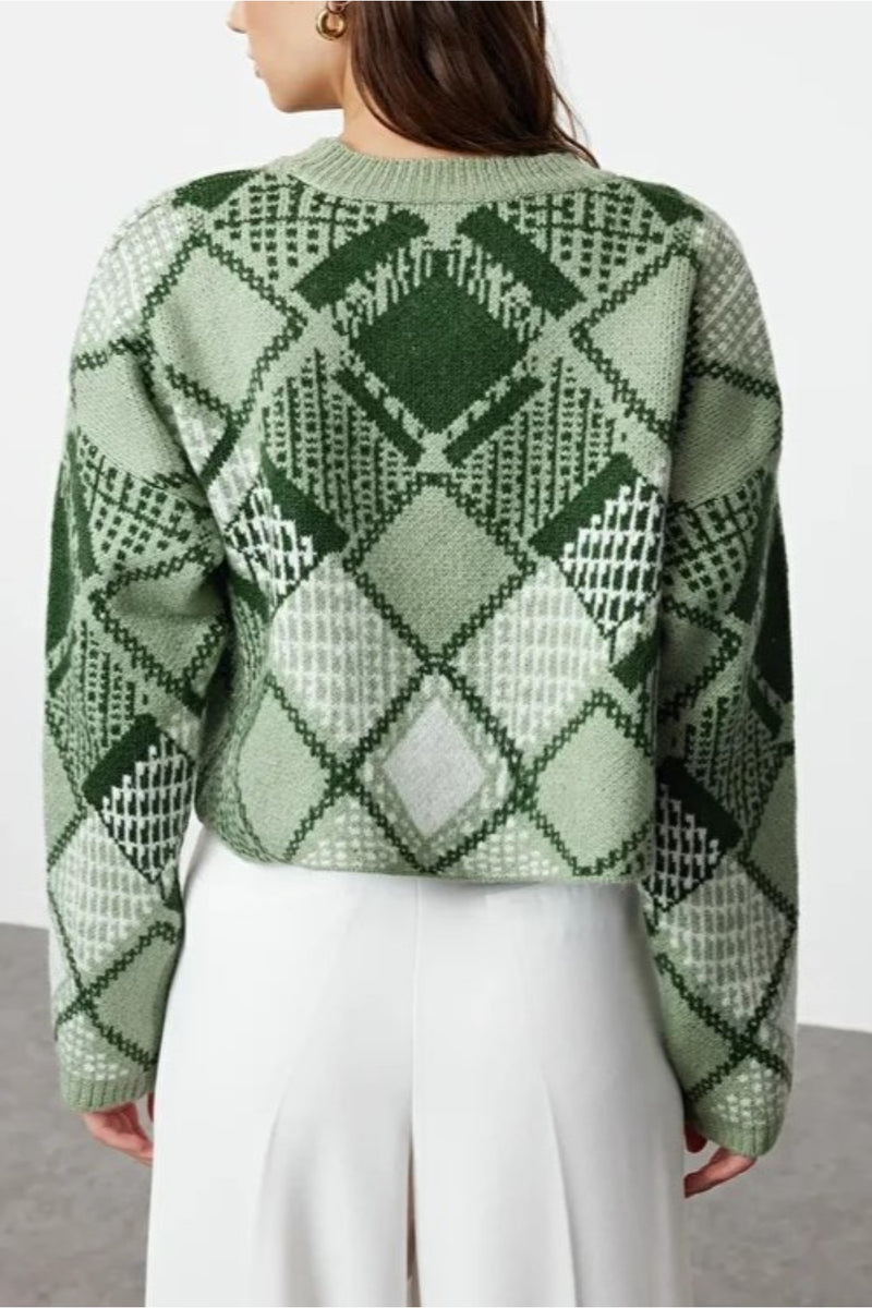 Oversized Cropped Argyle Knit Sweater