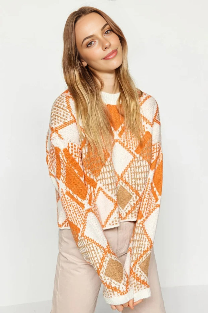 Oversized Cropped Argyle Knit Sweater