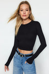 Premium Viscose Crew Neck Cropped Stretch Knit Blouse